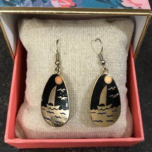 Gold and Black Cloisonne Sailboat Earrings 1980s